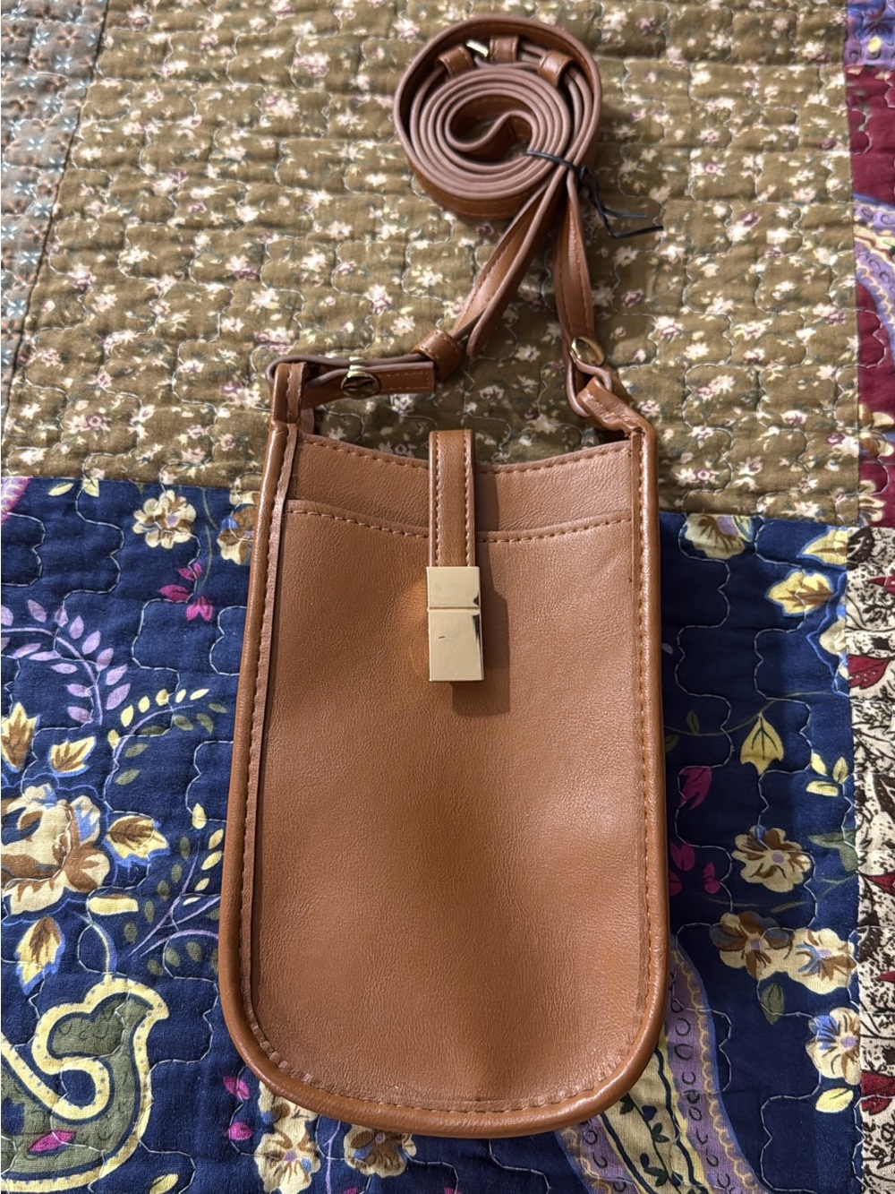 Brown Crossbody Phone Bag with Gold Accent